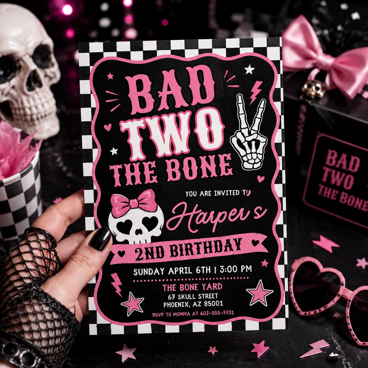 Editable Bad Two the Bone Birthday Invitation, Bad to the Bone 2nd Birthday Invite, Two Cool 2nd Birthday Girl Party, Canva Template - Image 5