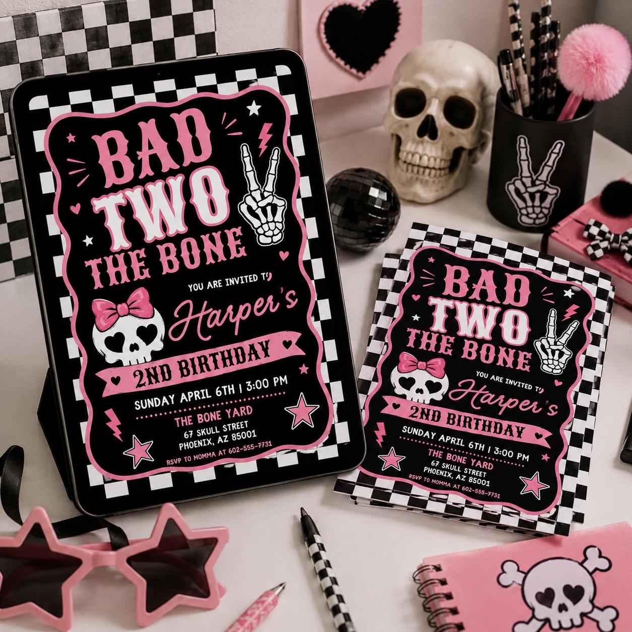 Editable Bad Two the Bone Birthday Invitation, Bad to the Bone 2nd Birthday Invite, Two Cool 2nd Birthday Girl Party, Canva Template - Image 4