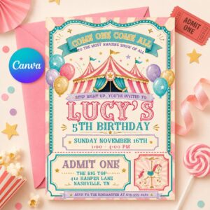 Come One Come All Circus Party Invite, Carnival Birthday Invitation, Circus Birthday Invitation Template, Canva Template