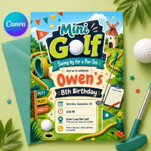 Mini Golf Birthday Invitation, Glow Party, Boy Girl Golf Party Invite, Golf Party Invitation, Sports Birthday Party, Let's Par Tee, Canva