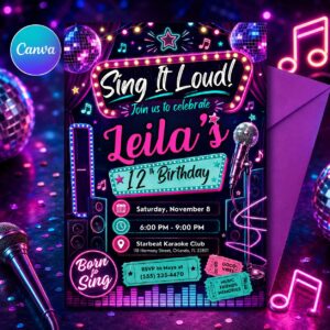 Karaoke Party Birthday Invitation, Glow Karaoke Birthday Party, Neon Singing Music Party Invite, Karaoke and Glow CANVA