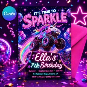 Sparkle Unicorn Monster Truck Birthday Invitation, Glitter Sequins Number Birthday Invite, Sparkly Heart Party, Purple Hearts Birthday Canva