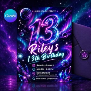 Galaxy Birthday Invitation, 13th birthday invitation, Thirteenth birthday invitation, galaxy theme digital invitation, neon birthday invite