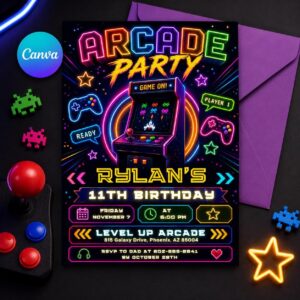 Arcade Party Birthday Invitation Tie Dye Neon Video Gaming Arcade Birthday , Canva Template