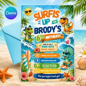 Surf Dinosaur 1st Birthday Invitation: Beach Party, Surfing Dino Birthday Invitation , Canva Template