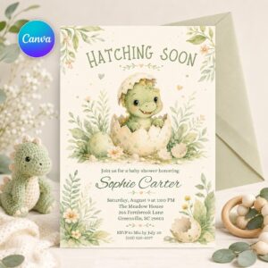 Editable Dinosaur Baby Shower Invitation, Hatching Soon Baby Shower Invitation, Dinosaur Boy Invite, Baby Dino Egg, Editable Canva Template
