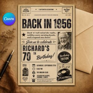 70th Birthday Invitation Template, Born In 1956 Birthday Newspaper Invite With Photo For Men or Women, Edit With Canva