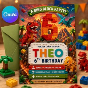 Editable Dinosaur Birthday Invitation, Dino Block Party Canva Template, Kids Building Blocks Party Invite