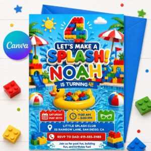 Editable Pool Birthday Invitation Template, Building Blocks Splash Party Invite, Kids Summer Canva Download