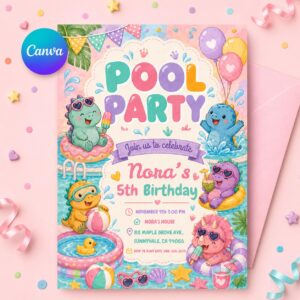 Dinosaur Pool Party Invitation, Pool Party Birthday Party Invitation Template,  Pink Bow Coquette Summer Birthday Pool Celebration