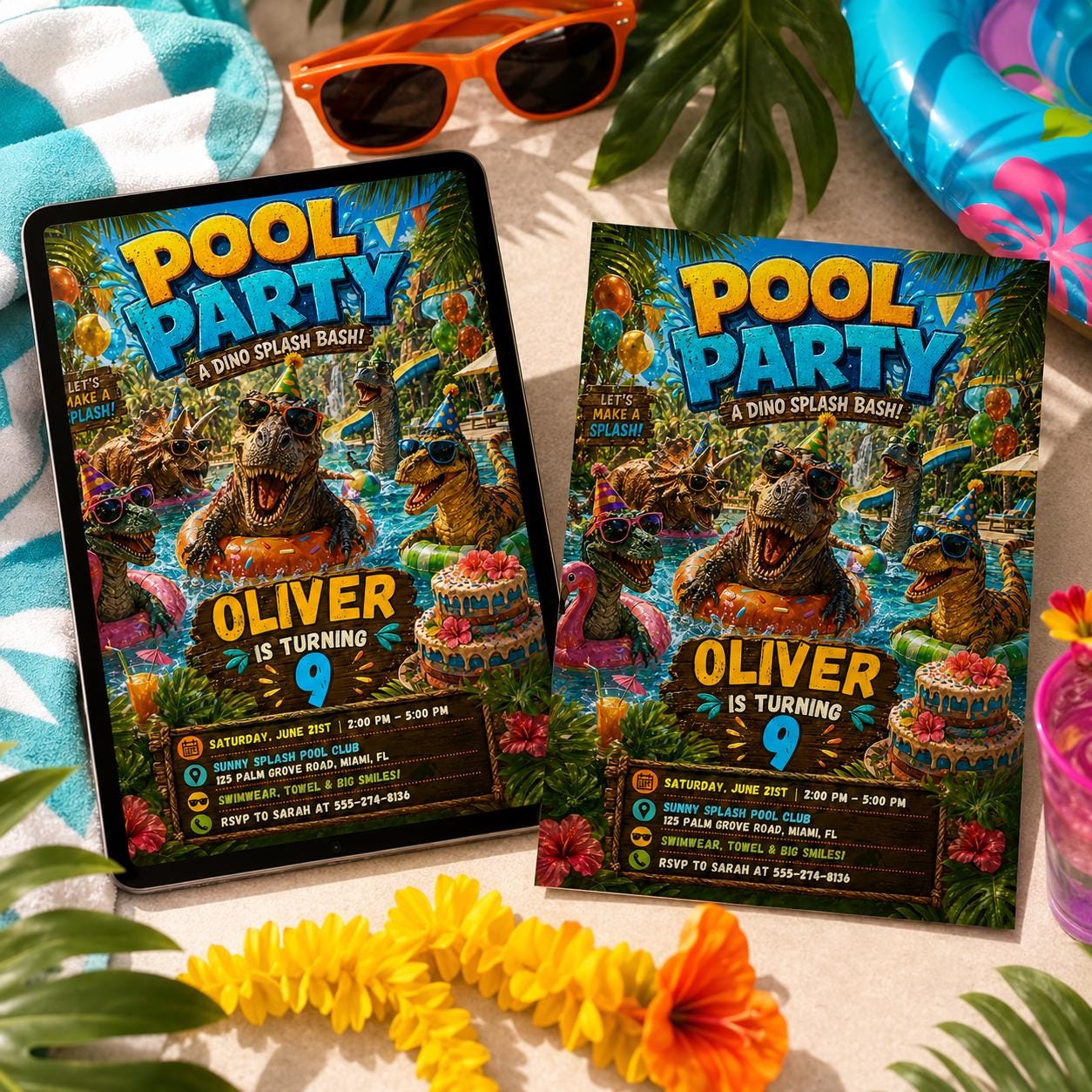 Dinosaur Pool Party Incitation, Two Rex Pool Invite Editable, Splish Splash Dino Pool Party Invitation, Boy Swimming Birthday Canva Template - Image 6