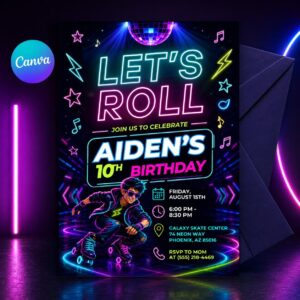 Neon Roller Skate  Invitation, Let's Roll Party Invite, Roller Skate invite, Retro Rollerskate Invite, Skate Rink Party, Canva Template