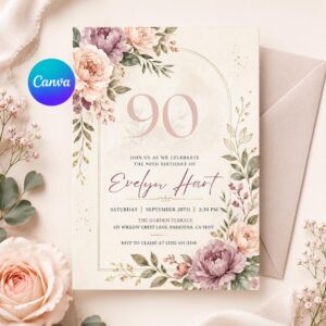 Floral 90th Birthday Invitation , Floral 90th Birthday Invitation for Women, 90 Years Loved, Canva Template