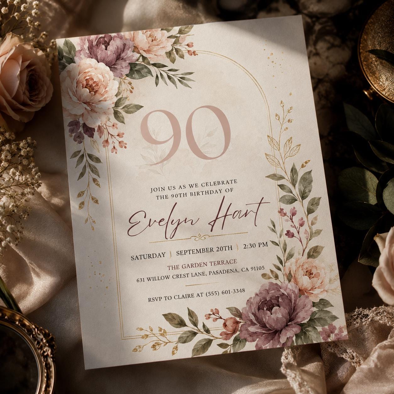 Floral 90th Birthday Invitation , Floral 90th Birthday Invitation for Women, 90 Years Loved, Canva Template - Image 5
