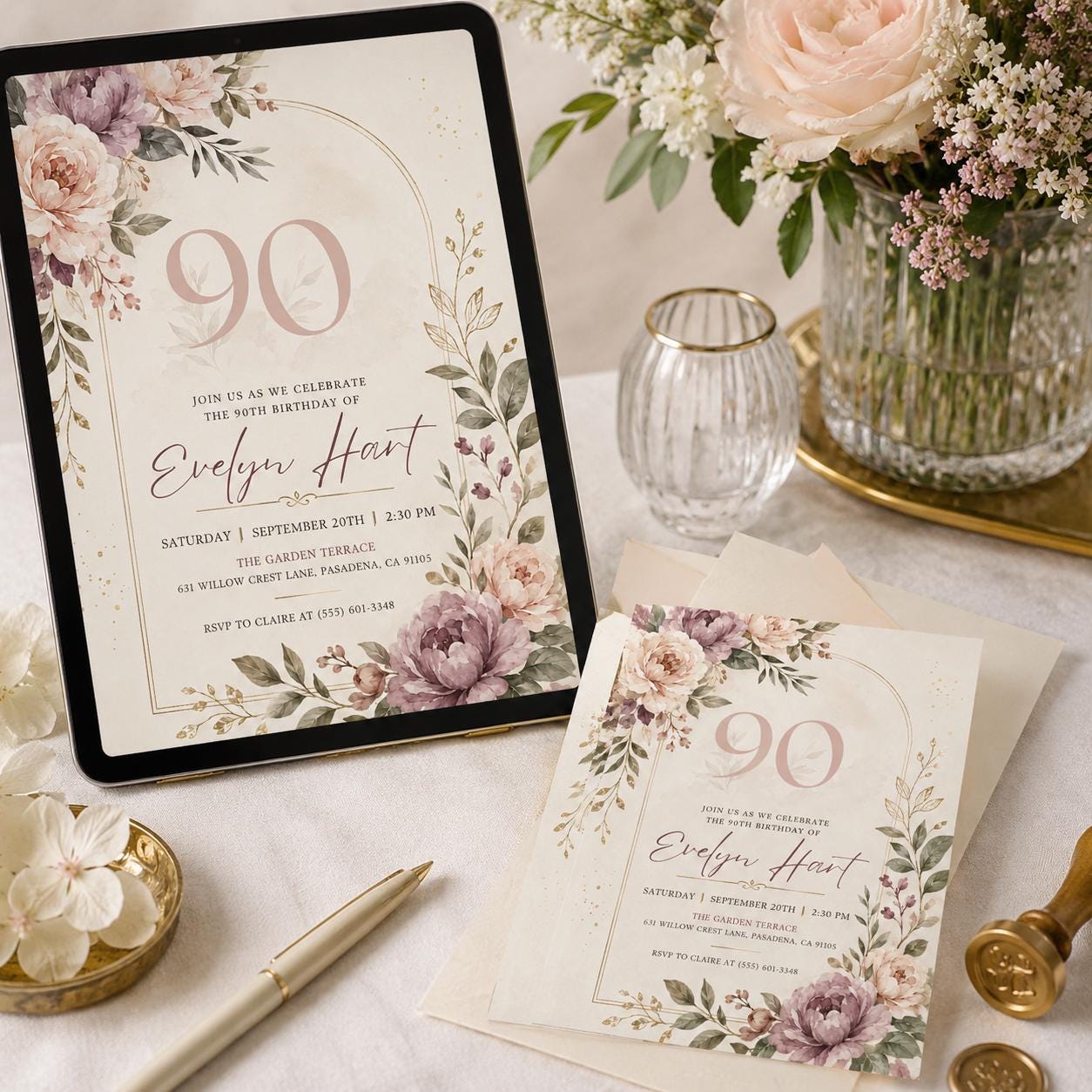 Floral 90th Birthday Invitation , Floral 90th Birthday Invitation for Women, 90 Years Loved, Canva Template - Image 6