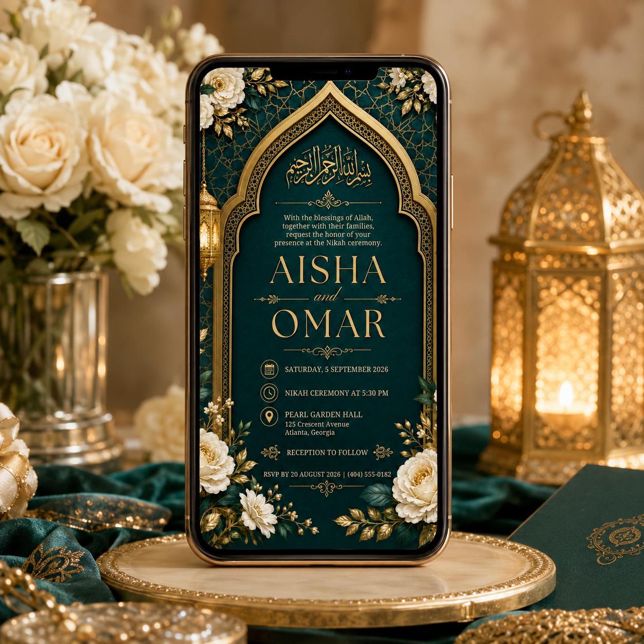 Editable Islamic Nikah Invitation, Emerald Gold Wedding Canva Template, Muslim Nikkah Invite, Floral Printable Digital Invite Card for Bride - Image 4