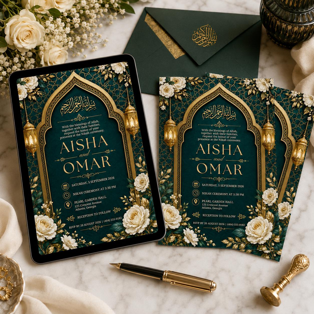 Editable Islamic Nikah Invitation, Emerald Gold Wedding Canva Template, Muslim Nikkah Invite, Floral Printable Digital Invite Card for Bride - Image 6