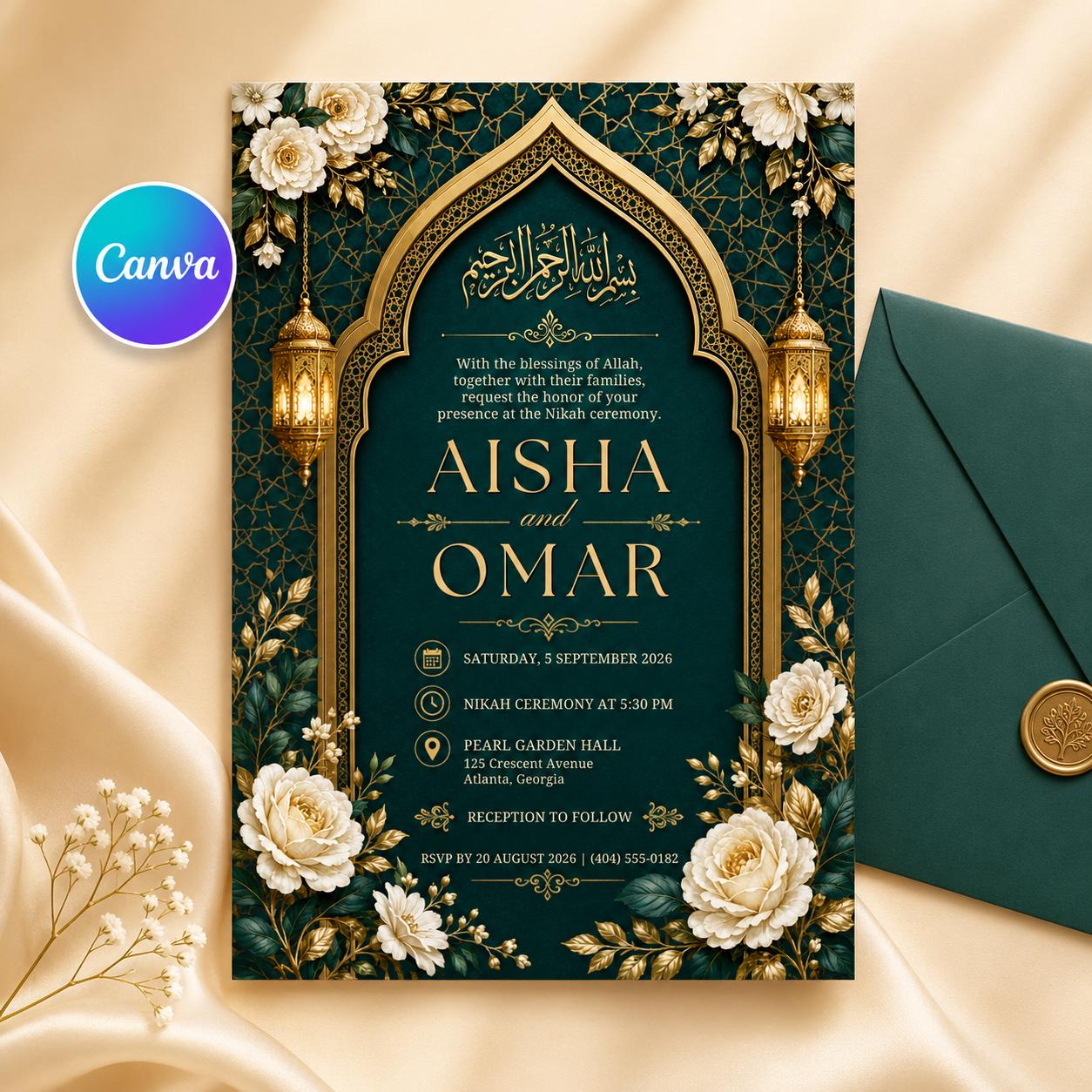 Editable Islamic Nikah Invitation, Emerald Gold Wedding Canva Template, Muslim Nikkah Invite, Floral Printable Digital Invite Card for Bride