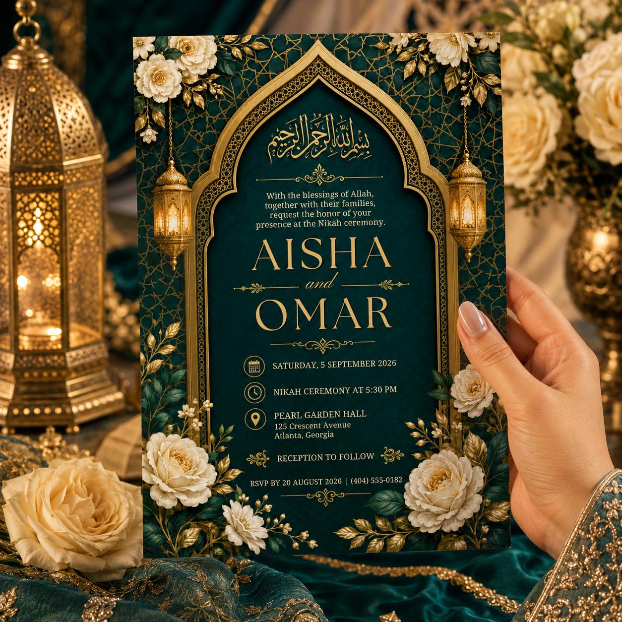 Editable Islamic Nikah Invitation, Emerald Gold Wedding Canva Template, Muslim Nikkah Invite, Floral Printable Digital Invite Card for Bride - Image 5