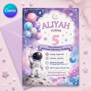 Pastel Astronaut Bday Invitation, Space Girl Canva Template, Editable Printable Kids Galaxy Party Invite, Planet Moon Invite Age 5, Cosmic