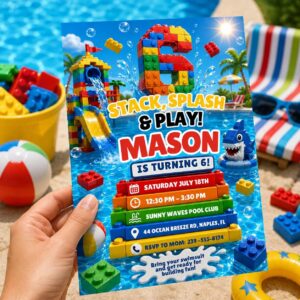 Editable Pool Birthday Invitation Template, Building Blocks Splash Party Invite, Kids Canva Digital Download