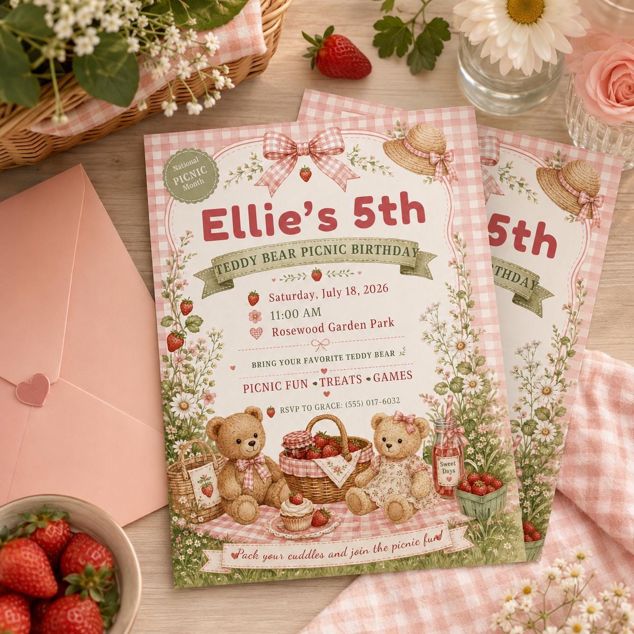Teddy Bear Picnic Birthday Invitation, Editable Canva Template, Strawberry Garden Party Invite for Girls, Printable Kids Invite, Pink Decor! - Image 5