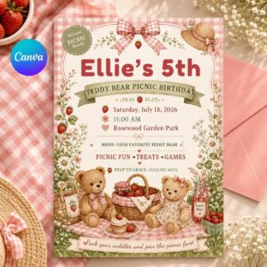 Teddy Bear Picnic Birthday Invitation, Editable Canva Template, Strawberry Garden Party Invite for Girls, Printable Kids Invite, Pink Decor!