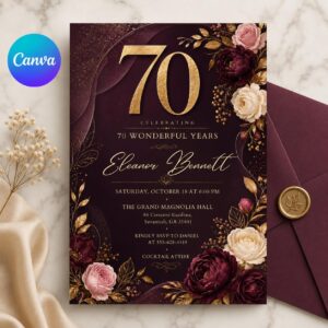 Luxury Floral 70th Birthday Invitation, Surprise Birthday Invitation Surprise Party Invitations Shhh its a Surprise Invite, Canva Template
