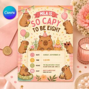 Capybara Birthday Invitation, Editable Capybara Birthday Invitation, Kawaii Animal Party Template, Editable Canva Template