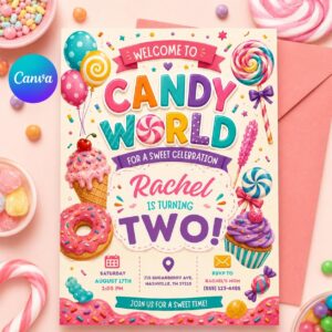 Candy World Birthday Invitation, Editable Candy Birthday Invitation, Candyland Sweet Celebration, Sweets Candy Birthday, Canva Template