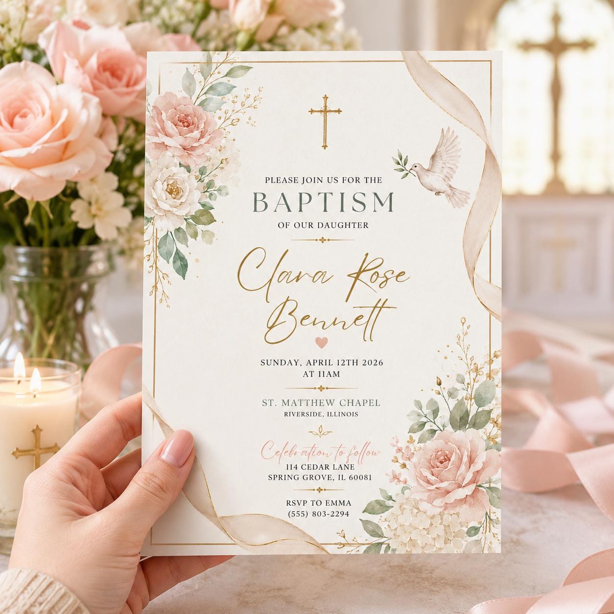 Wildflower baptism invitation, First Communion Invitation, Christening Invitation, Floral Baptism invitation, Preppy baptism invite - Image 2