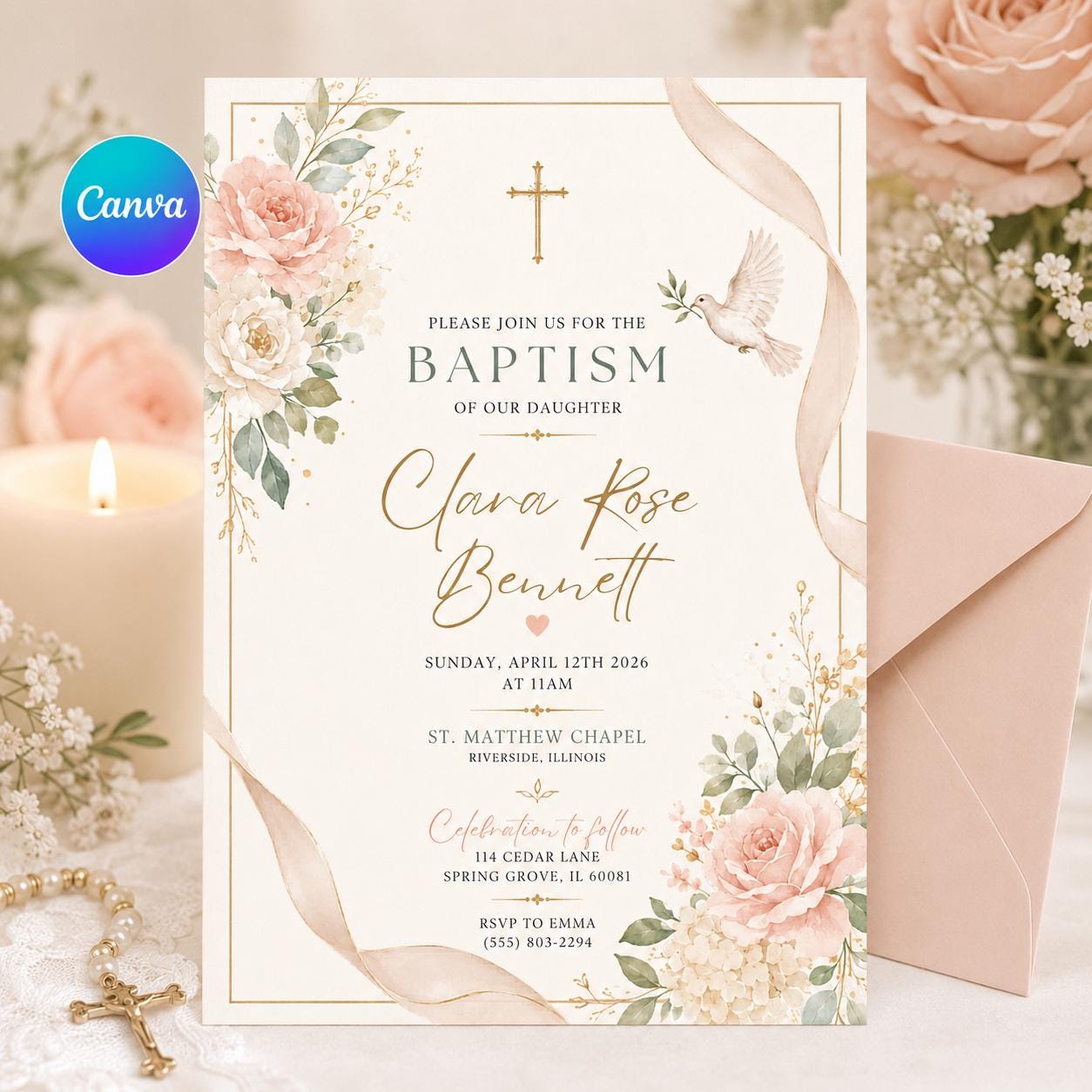 Wildflower baptism invitation, First Communion Invitation, Christening Invitation, Floral Baptism invitation, Preppy baptism invite