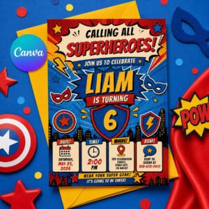 Superhero Birthday Invitation for Boy, Comic Hero Party Invite, Editable Canva Template, Printable Kids Birthday Card, Superhero Party Decor
