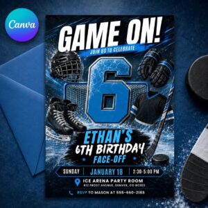 Hockey Birthday Invitatio,: Editable Game On Face-Off Template, its Game Time Hockey Stadium Party Invite Boy, Editable Neon Hockey Canva