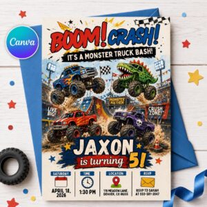 Monster Truck Birthday Invitation, Editable Boom Crash Monster, Bash Printable Invite, Trucks Birthday Template Boys Jam, any age, Canva