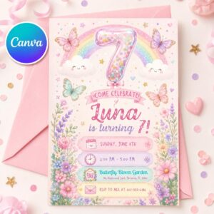 Sequin 7th Birthday Invitation, Glitter Sequins Number Birthday Invite, Sparkly Heart Party Template, Purple Hearts Birthday, Canva Template