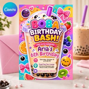 Boba Birthday Invitation Template, Boba With My Besties Birthday Party Invite, Kawaii Boba Birthday, Editable on Canva