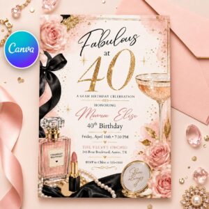 Glamorous 40th Birthday, 40 & Fabulous Birthday Invitation Floral 40th Birthday Invite Women's 40th Birthday Forty and Fabulous Invitation