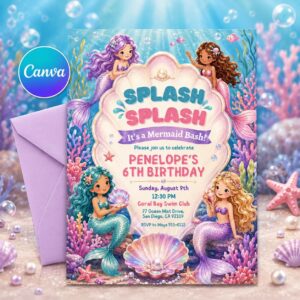 Mermaid Birthday Invitation, Splash Bash Summer Birthday, Water Slide Pool Party Invite, Pink Girly Summer Birthday, Editable Canva Template