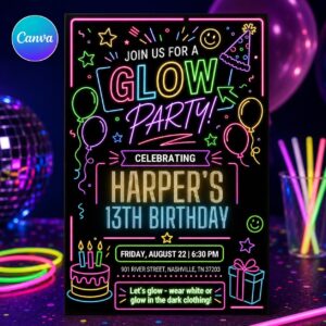 Printable editable Glow Party birthday invitation, Glow Crazy invite, Glow Party template, Neon Party invite digital template, girl birthday