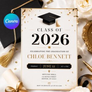 Graduation Party Invitation 2026, Class of 2026 Announcement, Blue Grad Template, Editable Canva Invitation Template
