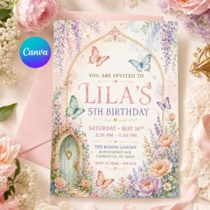 5th Birthday Garden Party, Editable Butterfly Birthday Invitation, Fairy Garden Party Invite, Floral Canva Template