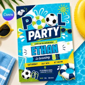Pool Party Birthday Invitation Canva Template, Summer Swim Party Invite, Summer invite Kids Splish splash Birthday Digital Printable Evite