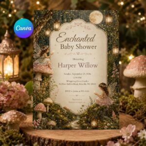 Enchanted Fairy Baby Shower Invitation Editable Template, Magical Woodland Forest Mushroom Theme, Girl Baby Shower Invite