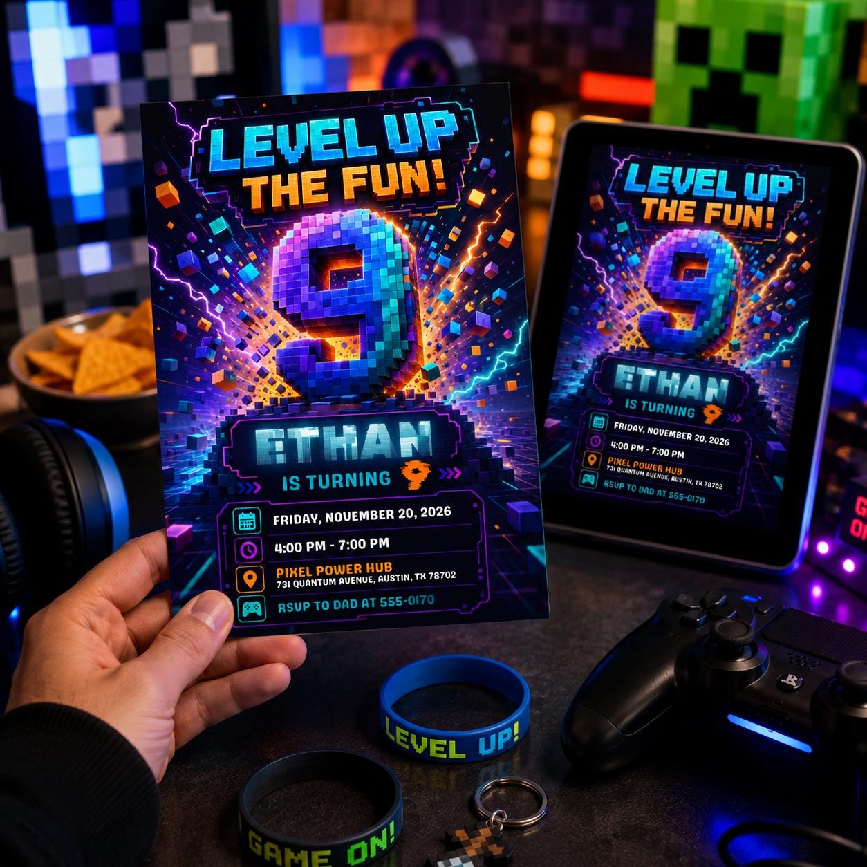 Video Game Birthday Invitation, Boy 9th Birthday, Printable Pixel Gamer Party, Pixel Block Party, Arcade Party Invite, Level Up Birthday - Image 3