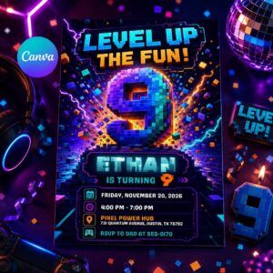 Video Game Birthday Invitation, Boy 9th Birthday, Printable Pixel Gamer Party, Pixel Block Party, Arcade Party Invite, Level Up Birthday