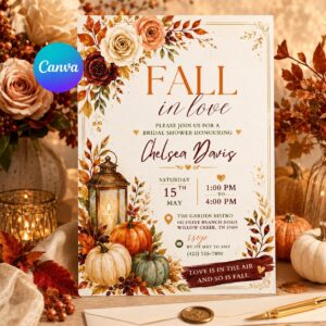 Fall in Love Bridal Shower Invitation Editable Template, Pumpkin Autumn Lantern Invite, Rustic Fall Floral Bridal Brunch, Fall Bridal Invite