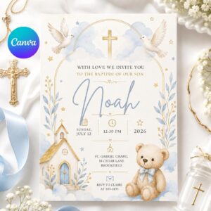 Baptism Christening Invitation Editable Template, Blue Gold Cross Watercolor Theme, Baptism Invitation Template, Church Religious Ceremony