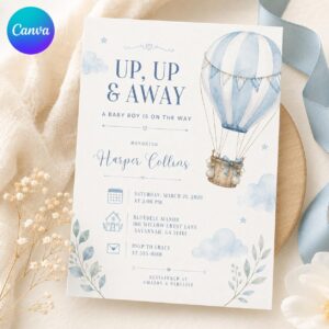 Hot Air Balloon Baby Boy Shower Invitations, Up Up & Away Blue Watercolor Theme, Canva Template, Baby Boy Hot Air Balloon Invitation