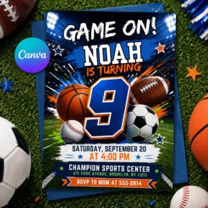 Game On Birthday Invitation, Editable Sports Theme Party Invite, Boy 9th Birthday Football Basketball Soccer Template, Printable Digital
